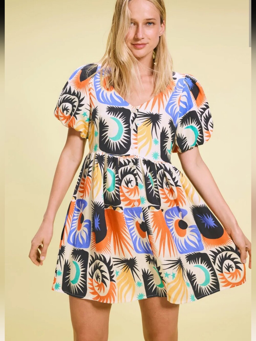 Untitled In Motion Lillian Multicolor Moon Linen Puff Babydoll Dress Size XL